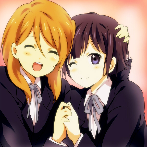 2girls :d bad_id black_eyes black_hair blazer brown_hair closed_eyes extra girl_with_long_skirt_(k-on!) holding_hands k-on! long_hair maruki_(punchiki) multiple_girls open_mouth school_uniform short_hair smile sunahara_yoshimi tachibana_himeko wink