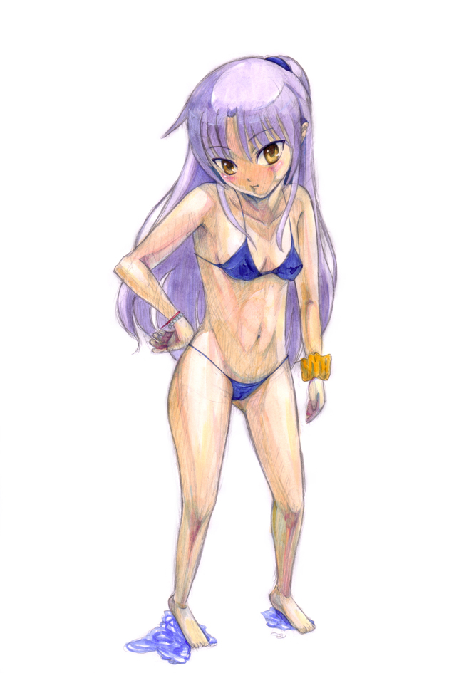 angel_beats! bikini brown_eyes long_hair ogawa_tai purple_hair swimsuit tachibana_kanade traditional_media