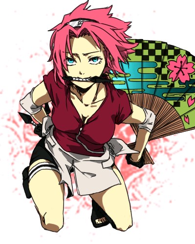 green_eyes haruno_sakura kunai lowres mouth_hold naruto nashimura ninja pink_hair short_hair weapon