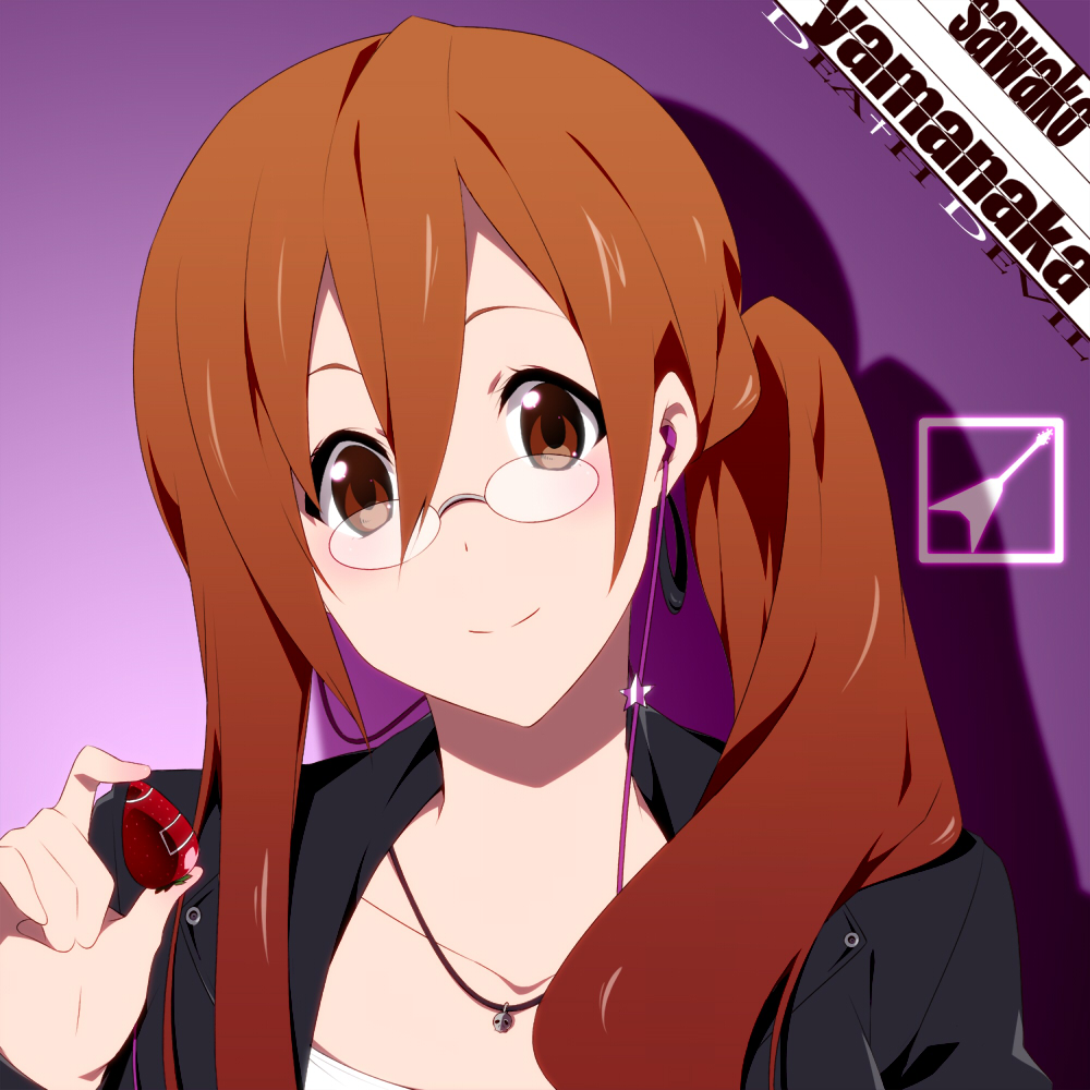 brown_eyes brown_hair digital_media_player earphones earrings food fruit glasses headphones holding holding_fruit jewelry k-on! listen!! nanao necklace side_ponytail solo strawberry yamanaka_sawako