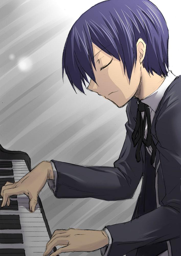arisato_minato blue_hair bow closed_eyes instrument male persona persona_3 piano ribbon school_uniform segami_daisuke solo