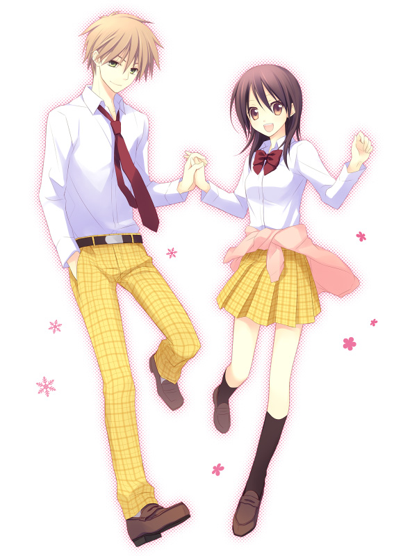 1boy 1girl ayuzawa_misaki bad_id blonde_hair brown_hair couple green_eyes holding_hands kaichou_wa_maid-sama kaichou_wa_maid-sama! legs nanami_yasuna necktie plaid plaid_skirt school_uniform short_hair skirt sweater_around_waist usui_takumi