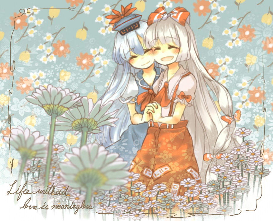 blush bow closed_eyes dress english floral_background floral_print flower fujiwara_no_mokou hair_bow hand_holding happy hat holding_hands kamishirasawa_keine long_hair necktie ribbon smile touhou truth very_long_hair yuri