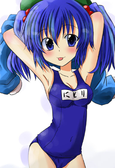 :p arms_up blue_eyes blue_hair breasts hair_bobbles hair_ornament kawashiro_nitori kazami_ruku looking_at_viewer name_tag one-piece_swimsuit school_swimsuit swimsuit tongue touhou undressing