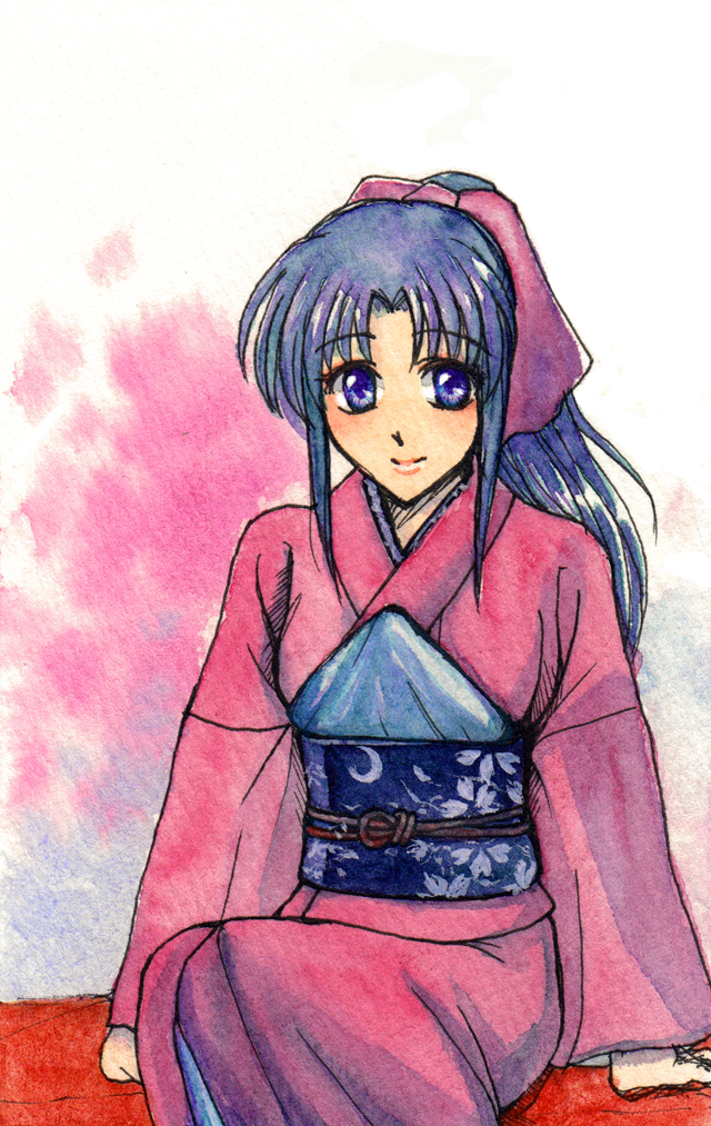 blue_eyes blue_hair female japanese_clothes kamiya_kaoru kimono liebst long_hair pink_ribbon ribbon rurouni_kenshin sitting solo