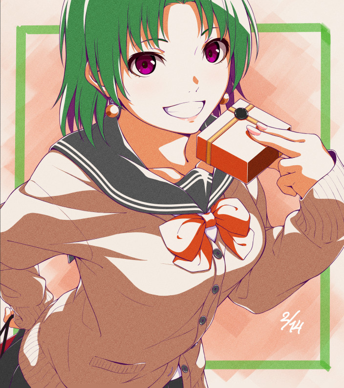 1girl bag bangs black_sailor_collar black_skirt border bow bowtie brown_cardigan cardigan chousokabe_motochika_(sengoku_otome) commentary contemporary dated earrings gift green_border green_hair grin hand_on_hip holding holding_bag holding_gift jewelry leaning_forward long_sleeves looking_at_viewer outside_border pleated_skirt qwel_08 red_bow red_bowtie sailor_collar school_uniform sengoku_otome serafuku shopping_bag short_hair skirt sky smile solo standing valentine violet_eyes