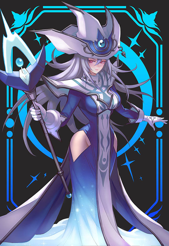 1girl blue_dress blush breasts closed_mouth dress duel_monster gloves hair_between_eyes hat hip_vent impossible_clothes impossible_dress kai_e large_breasts long_hair looking_at_viewer red_eyes serious silent_magician silver_hair solo surcoat tabard very_long_hair wand white_gloves wizard_hat yu-gi-oh!