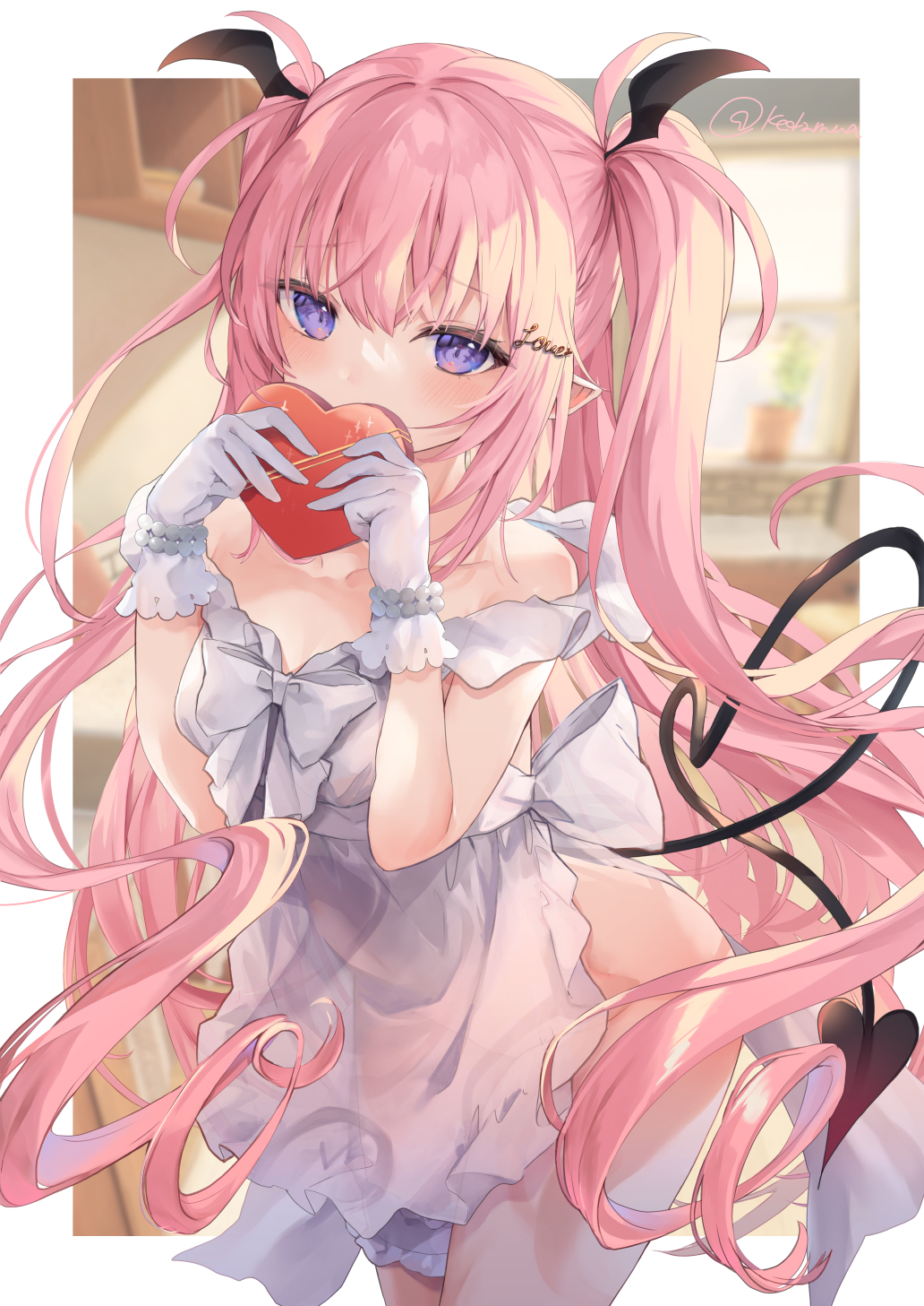 1girl apron bangs black_wings blue_eyes blurry blurry_background blush box collarbone commentary_request covered_mouth demon_girl demon_tail demon_wings depth_of_field eyebrows_visible_through_hair frilled_apron frills gift gift_box gloves hair_between_eyes hair_ornament hands_up head_wings heart-shaped_box highres holding holding_gift kedama_milk long_hair looking_at_viewer naked_apron no_bra no_eyewear no_panties no_underwear original pink_eyebrows pink_hair sakyumama_(kedama_milk) see-through sideboob solo tail thighs thighs_together twitter_username two_side_up very_long_hair white_apron white_gloves wings