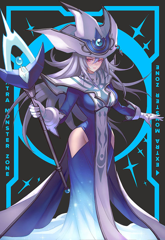 1girl blue_dress blush breasts closed_mouth dress duel_monster gloves hair_between_eyes hat hip_vent impossible_clothes impossible_dress kai_e large_breasts long_hair looking_at_viewer red_eyes serious silent_magician silver_hair solo surcoat tabard very_long_hair wand white_gloves wizard_hat yu-gi-oh!