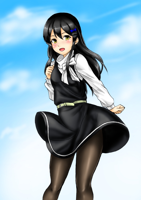 1girl black_dress black_hair black_legwear blue_sky brown_eyes clouds commentary_request dress feet_out_of_frame hair_ornament hairclip kantai_collection kudou_(ooabareteng) long_hair looking_at_viewer official_alternate_costume oyashio_(kancolle) sky smile solo standing sweater white_sweater