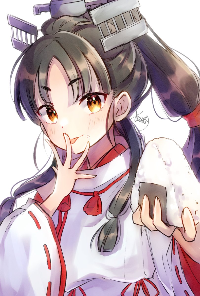 1girl alto2019 black_hair brown_eyes commentary_request folding_fan food hair_tie hand_fan headgear high_ponytail highres japanese_clothes kantai_collection kariginu licking licking_finger long_hair miko multi-tied_hair nisshin_(kancolle) onigiri red_ribbon ribbon short_eyebrows simple_background solo thick_eyebrows upper_body very_long_hair white_background