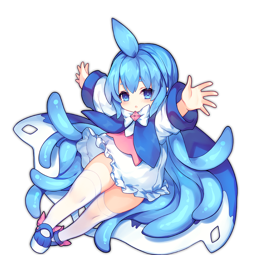 1girl :o ahoge animal_hood ao_jun ark_order bangs blue_cape blue_eyes blue_footwear blue_hair blush bow cape commentary_request dress eyebrows_visible_through_hair full_body hood long_sleeves looking_at_viewer official_art outstretched_arms parted_lips photoshop_(medium) shoes simple_background slime_(ark_order) solo tentacle_hair thick_eyebrows thigh-highs white_background white_bow white_dress white_legwear