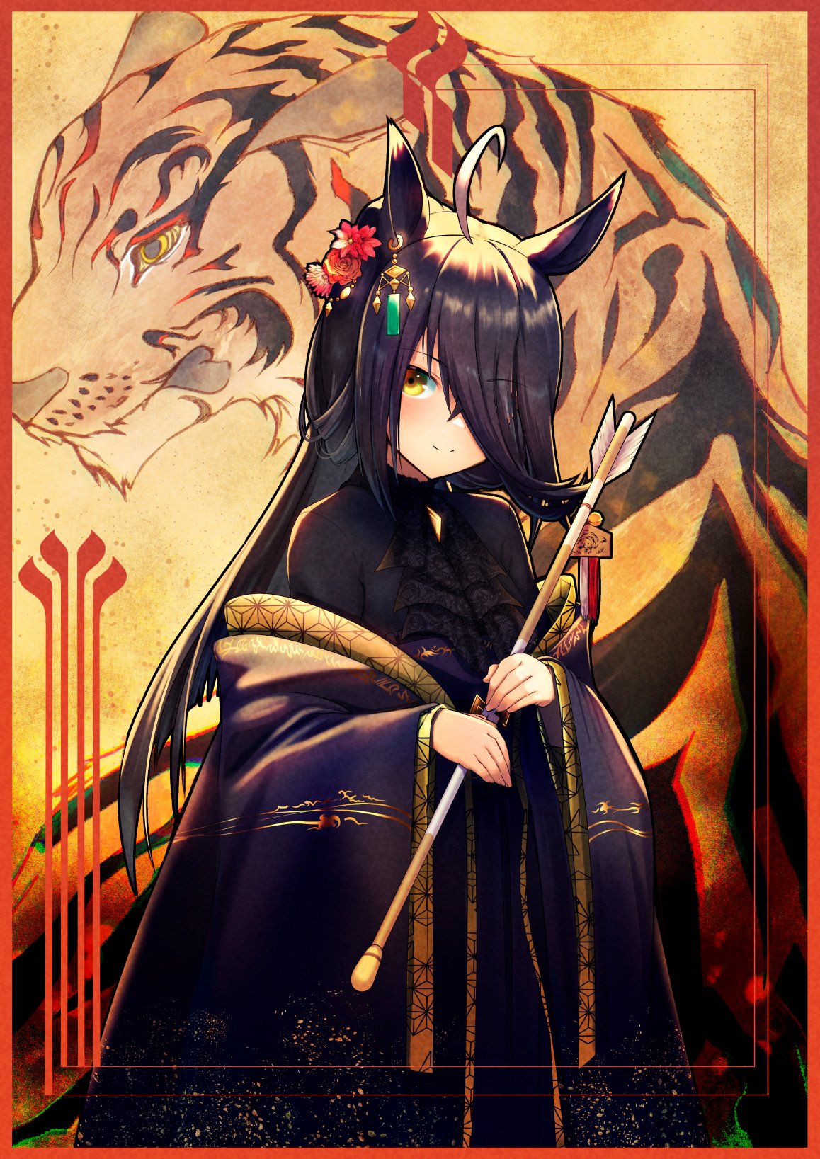 1girl ahoge animal_ears arrow_(projectile) black_hair black_kimono border chinese_zodiac closed_mouth commentary ear_ornament flower furisode hair_flower hair_ornament hair_over_one_eye hamaya highres holding holding_arrow horse_ears horse_girl japanese_clothes kimono long_hair long_sleeves looking_at_viewer manhattan_cafe_(umamusume) new_year off_shoulder painting_(object) red_border smile solo standing tiger tks_(526tks) umamusume wide_sleeves year_of_the_tiger yellow_eyes