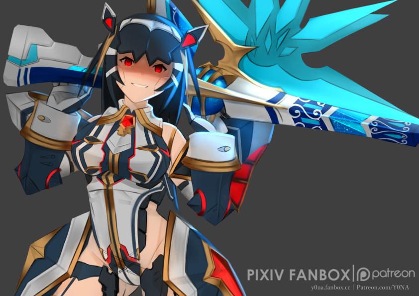 1girl android black_hair breasts cowboy_shot gloves grin highleg highleg_leotard leotard lisa_(pso2) looking_at_viewer mechanical_hair medium_breasts medium_hair phantasy_star phantasy_star_online_2 red_eyes shaded_face smile solo weapon_behind_back y0na