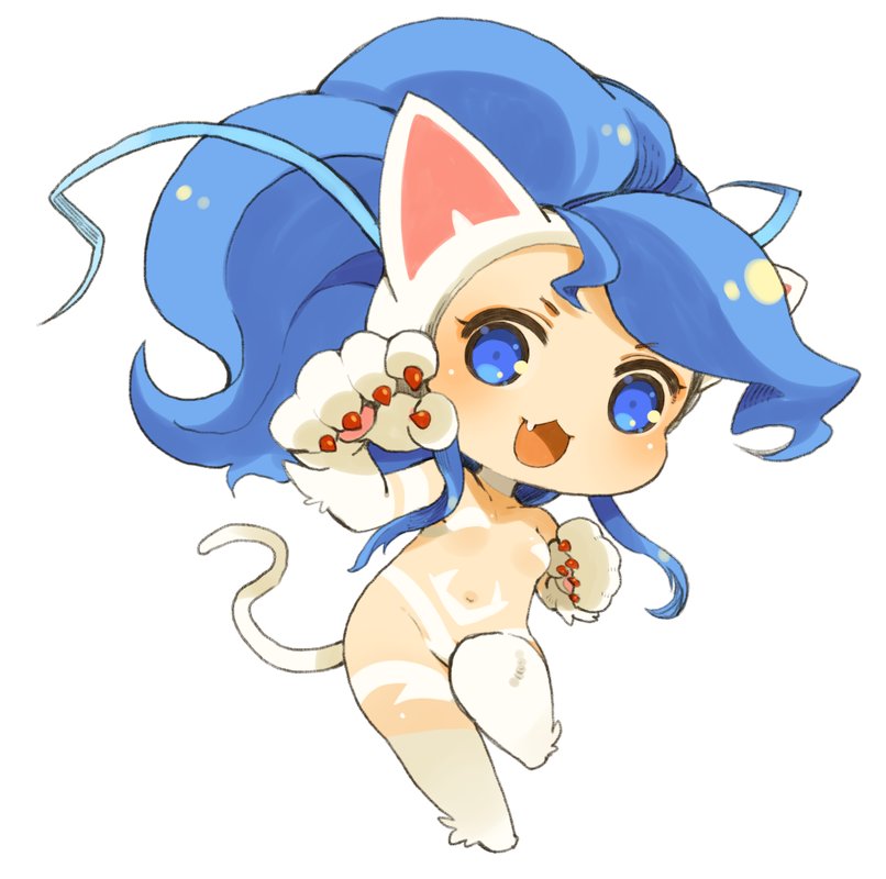 1girl animal_ears animal_hands blue_eyes blue_hair breasts cat_ears cat_tail chibi felicia_(vampire) full_body long_hair looking_at_viewer mota navel open_mouth simple_background smile solo tail vampire_(game) white_background