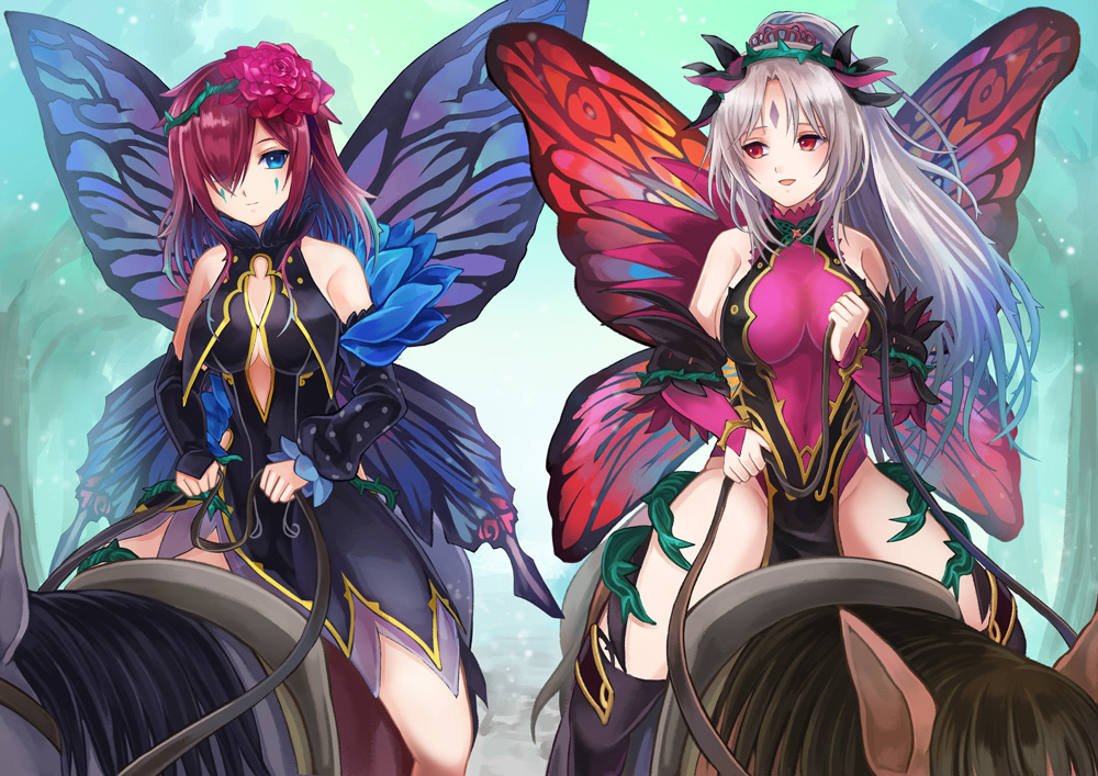 2girls akr369akr bare_shoulders breasts butterfly_wings center_opening commission covered_navel detached_sleeves facial_mark fairy_wings fire_emblem fire_emblem_heroes flower forehead_mark hair_flower hair_ornament horse horseback_riding large_breasts leotard medium_breasts multiple_girls pelvic_curtain plant plumeria_(fire_emblem) ponytail red_eyes reins riding rose saddle sideboob silver_hair skeb_commission smile thorns tied_hair triandra_(fire_emblem) vines wings