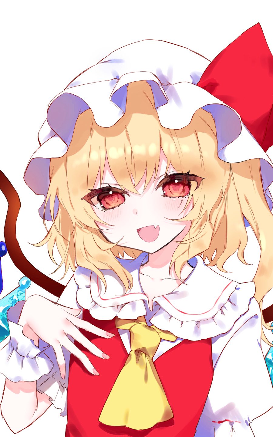 1girl :d ascot bangs blonde_hair blush bow buttons center_frills closed_mouth commentary_request crystal eyebrows_visible_through_hair eyelashes fang finger_to_mouth fingernails flandre_scarlet flat_chest frilled_shirt_collar frilled_skirt frills hat hat_ribbon highres looking_at_viewer mob_cap multicolored_wings one_eye_closed one_side_up open_mouth puffy_short_sleeves puffy_sleeves red_eyes red_ribbon red_skirt red_vest ribbon rori82li shiny shiny_hair shirt short_hair short_sleeves simple_background skin_fang skirt smile solo standing touhou vest white_background white_headwear white_shirt wings wrist_cuffs yellow_ascot
