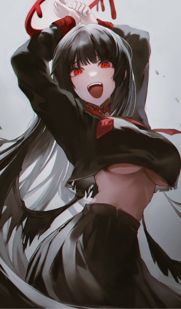 1girl arms_up bangs black_hair black_shirt black_skirt black_wings blue_archive breasts choker gradient gradient_background grey_background hiki_momoco large_breasts long_hair looking_at_viewer midriff neckerchief open_mouth red_choker red_eyes red_halo red_neckerchief school_uniform shirt skirt solo sweat teeth torn_clothes tsurugi_(blue_archive) under_boob upper_teeth very_long_hair wings