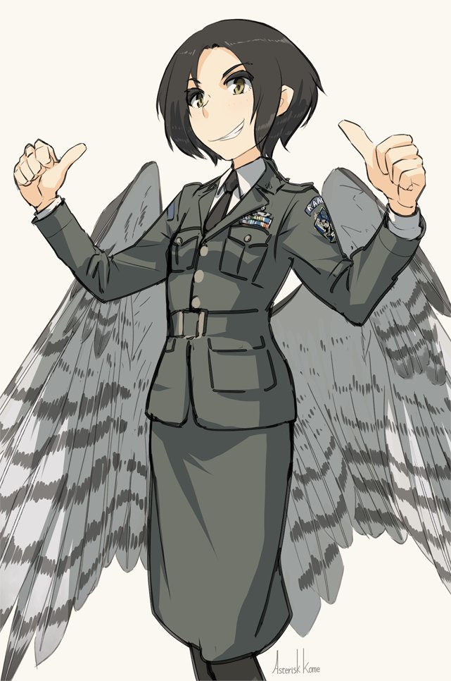 1girl amelia_shaw asterisk_kome bird_tail bird_wings black_hair black_necktie commentary_request green_eyes low_wings military military_jacket military_uniform necktie pantyhose short_hair signature smile standing tagme tail uniform white_wings winged_fusiliers wings