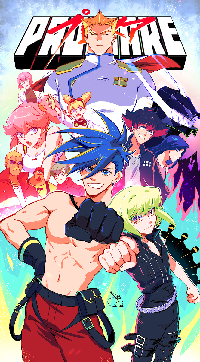 302 anime_coloring biar_colossus blonde_hair blue_hair clenched_hand everyone fire galo_thymos green_fire green_hair gueira heris_ardebit highres ignis_ex kray_foresight lio_fotia lucia_fex meis_(promare) pink_hair promare purple_fire remi_puguna spiky_hair varys_truss violet_eyes