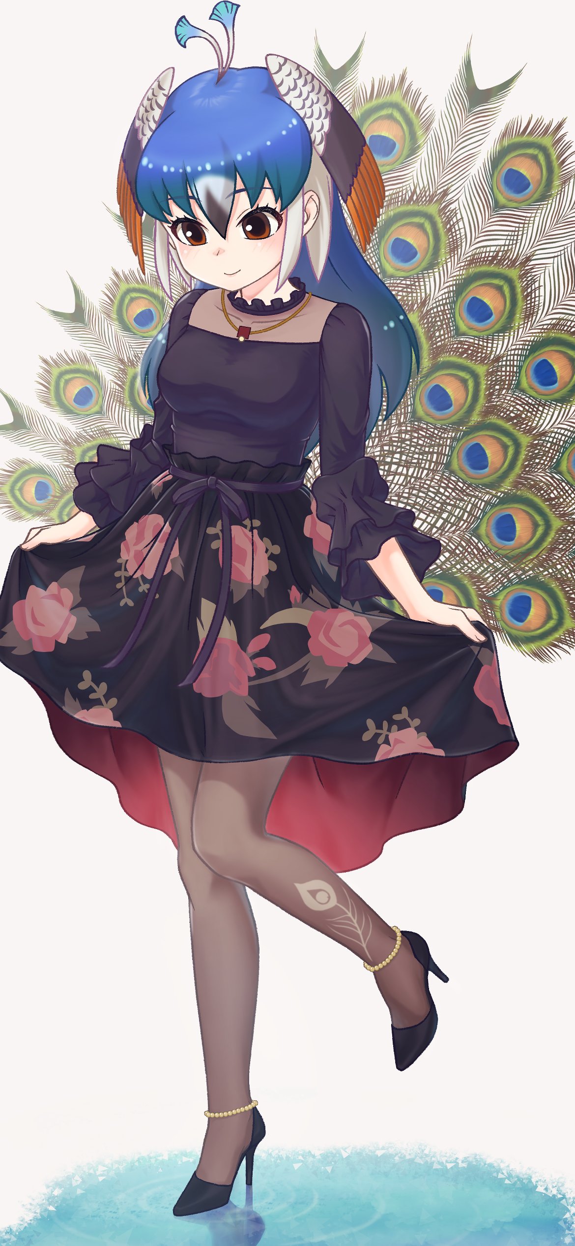 1girl absurdres anklet bird_girl bird_tail bird_wings black_dress black_footwear black_legwear black_sleeves blue_hair brown_eyes brown_hair collar dress eyebrows_visible_through_hair floral_print frilled_collar frilled_sleeves frills head_wings high_heels highres hoshino_mitsuki jewelry kemono_friends kemono_friends_3 long_hair multicolored_hair necklace official_alternate_costume orange_hair pantyhose peacock_feathers peafowl_(kemono_friends) solo standing standing_on_one_leg tail wings