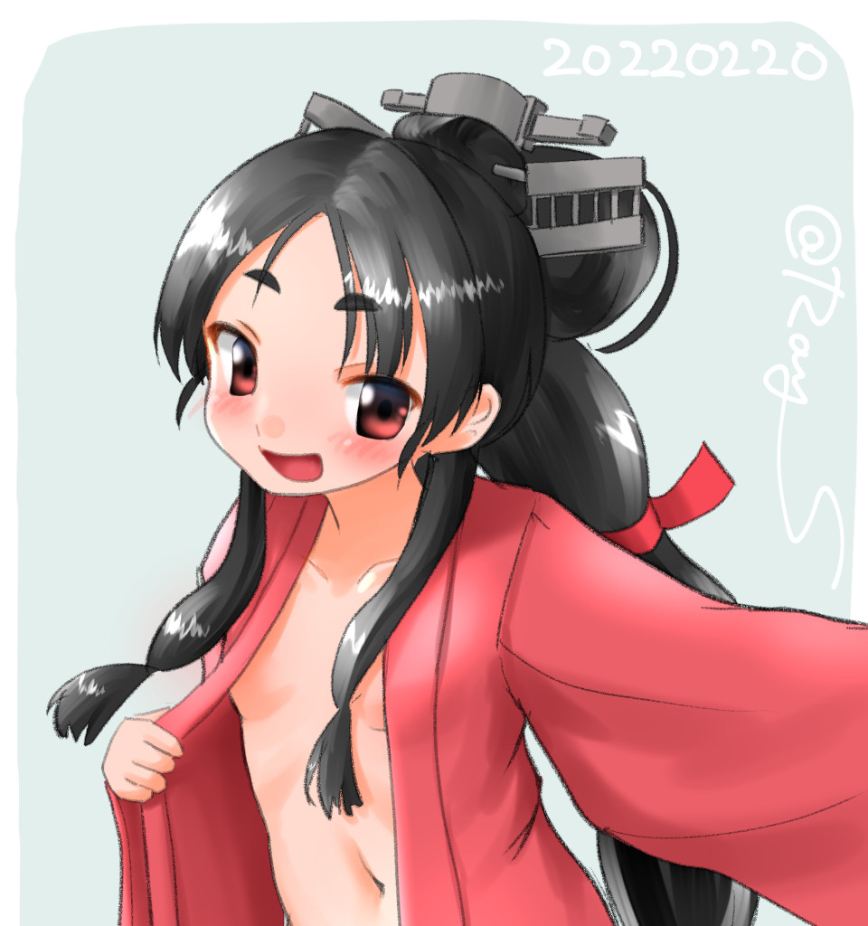 1girl black_hair breasts brown_eyes commentary_request dated grey_background hair_tie headgear high_ponytail kantai_collection long_hair looking_at_viewer multi-tied_hair nisshin_(kancolle) one-hour_drawing_challenge open_clothes pink_robe ray.s red_ribbon ribbon short_eyebrows small_breasts smile solo thick_eyebrows twitter_username upper_body very_long_hair