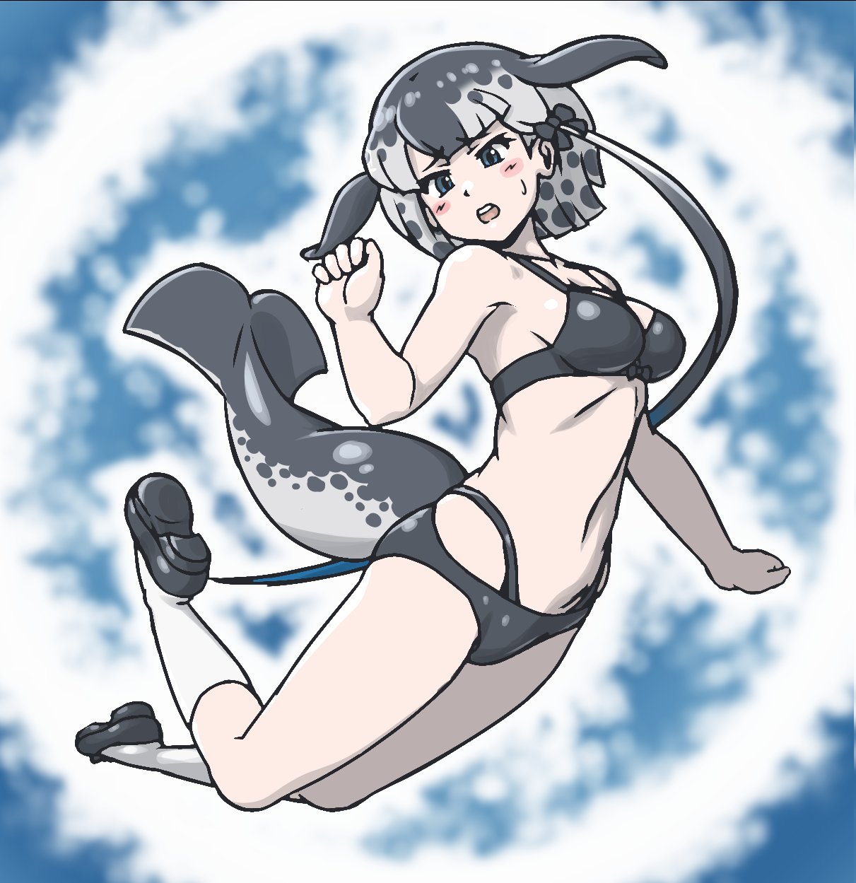 1girl acesrulez alternate_costume bare_arms bare_shoulders bikini black_footwear blowhole blue_eyes blush bow commentary_request dolphin_tail eyebrows_visible_through_hair grey_bikini grey_hair grey_swimsuit hair_bow highres kemono_friends multicolored_hair narwhal_(kemono_friends) short_hair_with_long_locks socks solo sweat swimsuit tail white_legwear