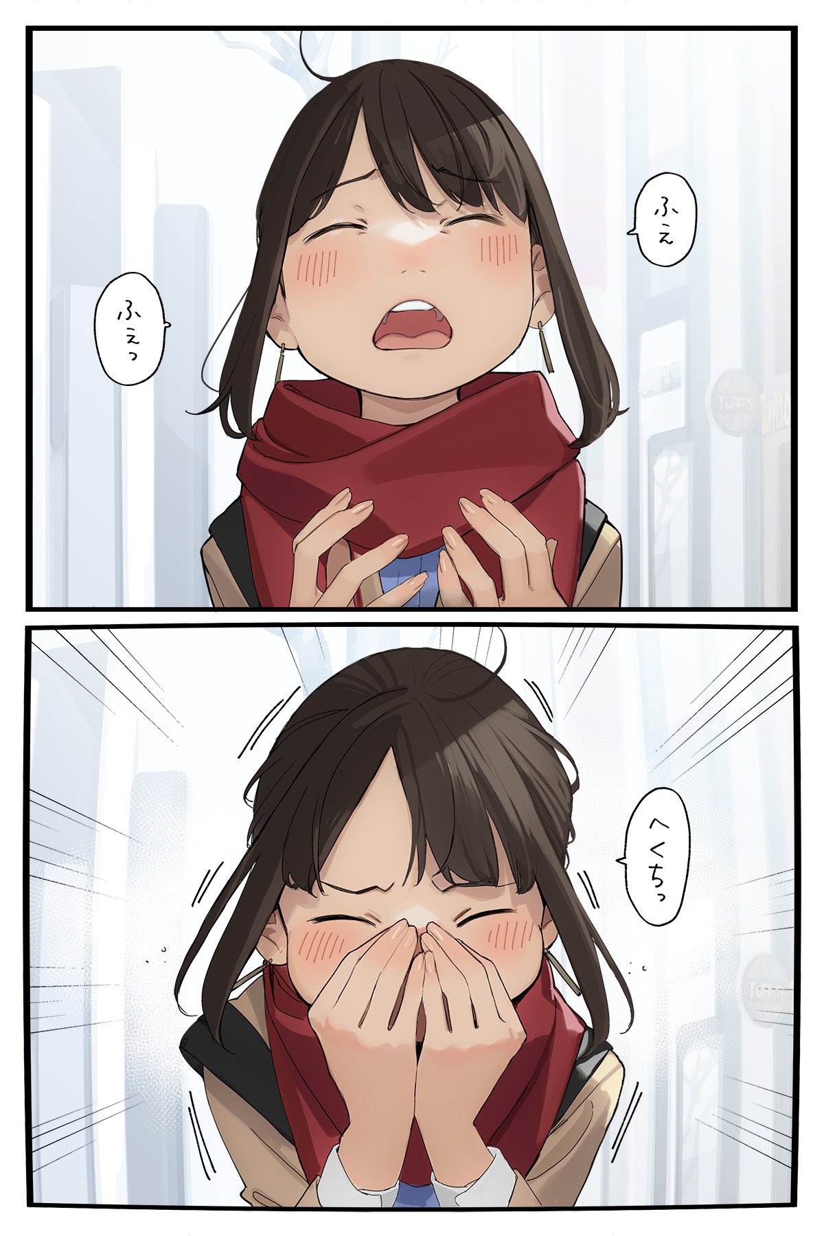 1girl blush brown_hair closed_eyes douki-chan_(douki-chan) earrings fingernails ganbare_douki-chan hands_on_own_face highres jewelry open_mouth red_scarf scarf short_hair sneezing solo teeth upper_body upper_teeth yomu_(sgt_epper)