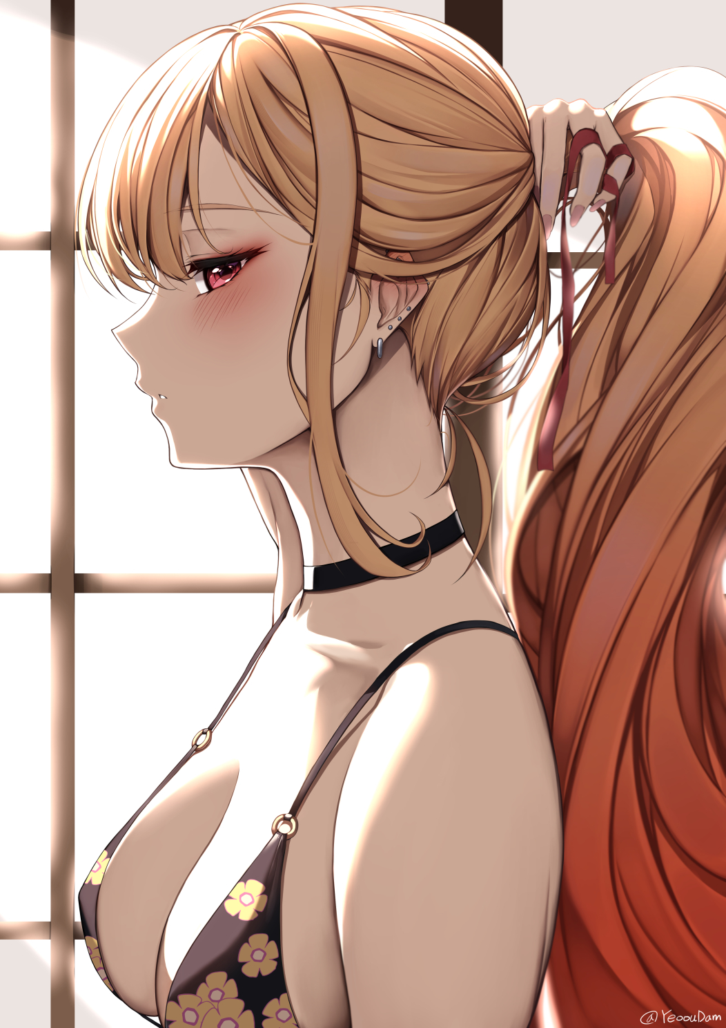 1girl bangs black_choker blonde_hair breasts choker ear_piercing earrings floral_print from_side highres holding holding_hair jewelry kitagawa_marin medium_breasts o-ring o-ring_bikini parted_lips piercing pink_nails profile red_eyes red_ribbon ribbon solo sono_bisque_doll_wa_koi_wo_suru strap_gap swimsuit tying_hair upper_body yeooudam