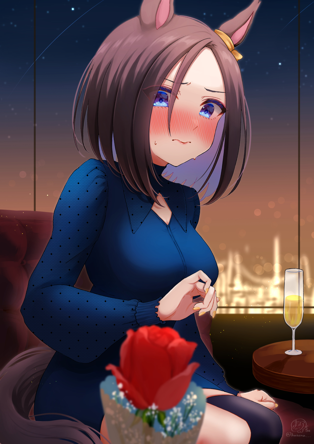 1girl air_groove_(umamusume) alcohol animal_ears bangs blue_dress blue_eyes blurry blurry_foreground blush breasts brown_hair champagne champagne_flute closed_mouth commentary_request cup depth_of_field dress drinking_glass eyebrows_visible_through_hair eyes_visible_through_hair flower forehead hair_between_eyes highres horse_ears horse_girl horse_tail indoors long_sleeves masshirokachi medium_breasts nail_polish night nose_blush parted_bangs puffy_long_sleeves puffy_sleeves red_flower red_rose rose sitting solo sweat tail umamusume wavy_mouth yellow_nails