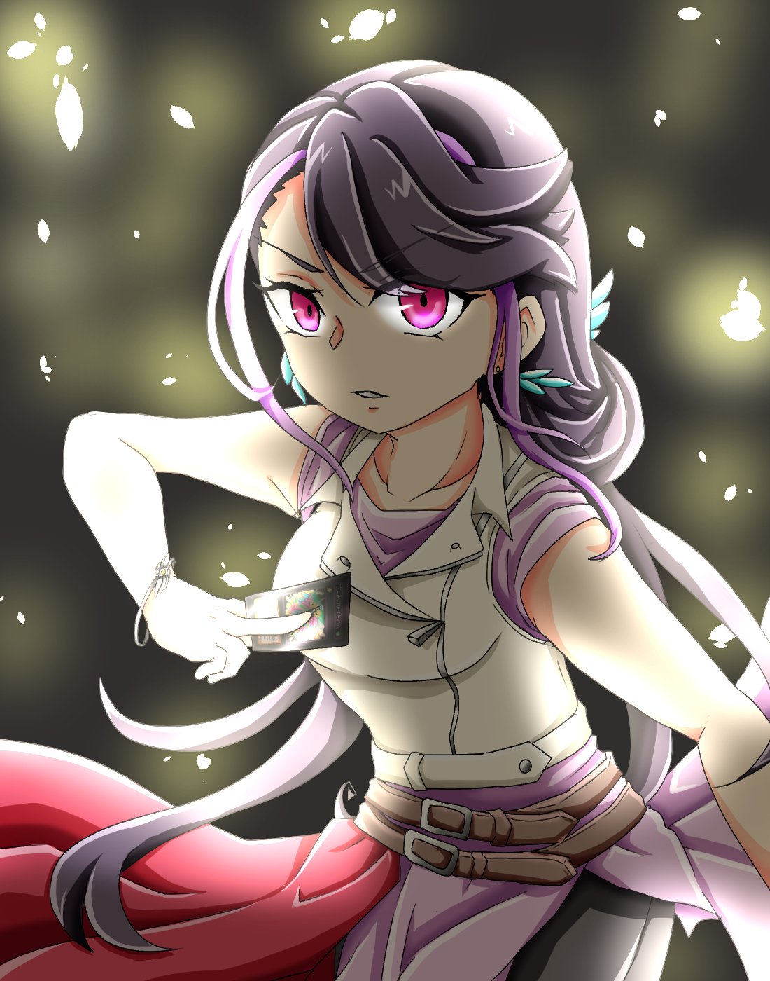 1girl belt black_pants bracelet earrings grey_skirt hair_ornament hisui_58589 jewelry kurosaki_ruri lavender_eyes lavender_hair long_hair looking_away multicolored_hair pants profile purple_hair short_sleeves skirt solo two-tone_hair very_long_hair vest yu-gi-oh! yu-gi-oh!_arc-v yuu-gi-ou yuu-gi-ou_arc-v