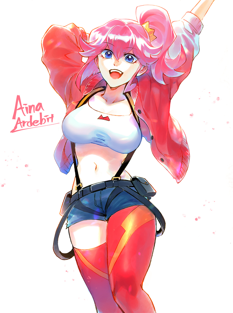 1girl 302 aina_ardebit asymmetrical_legwear blue_eyes breasts character_name cropped_jacket highres jacket large_breasts midriff navel pink_hair promare red_jacket red_legwear short_shorts shorts side_ponytail solo suspenders thigh-highs uneven_legwear