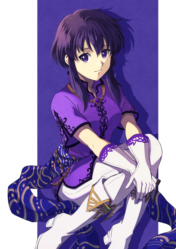 1girl bangs black_hair boots commission elbow_gloves fe17q9 fire_emblem fire_emblem:_genealogy_of_the_holy_war gloves larcei_(fire_emblem) looking_at_viewer pants purple_shirt shirt simple_background skeb_commission smile solo violet_eyes white_footwear white_gloves white_pants