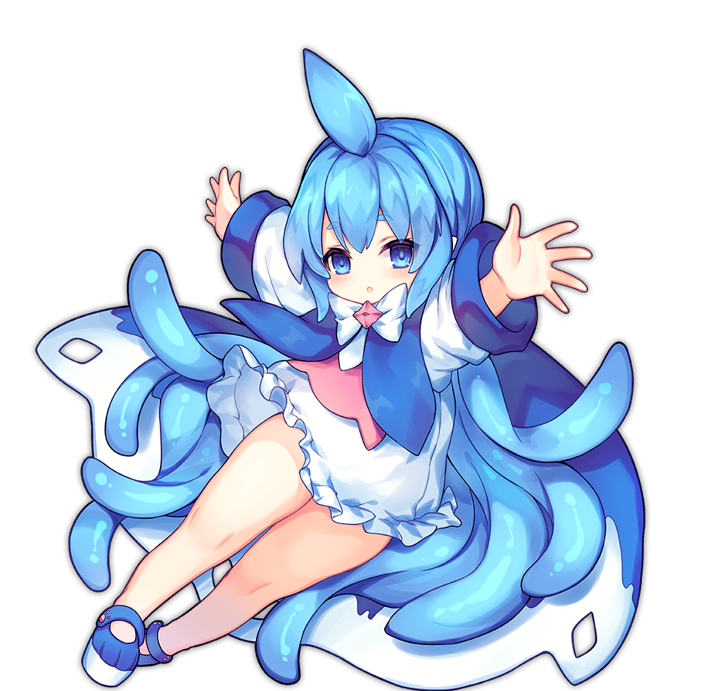 1girl :o ahoge animal_hood ao_jun ark_order bangs blue_cape blue_eyes blue_footwear blue_hair blush bow cape commentary_request dress eyebrows_visible_through_hair full_body hood long_sleeves looking_at_viewer official_art outstretched_arms parted_lips photoshop_(medium) shoes simple_background slime_(ark_order) solo tentacle_hair thick_eyebrows white_background white_bow white_dress