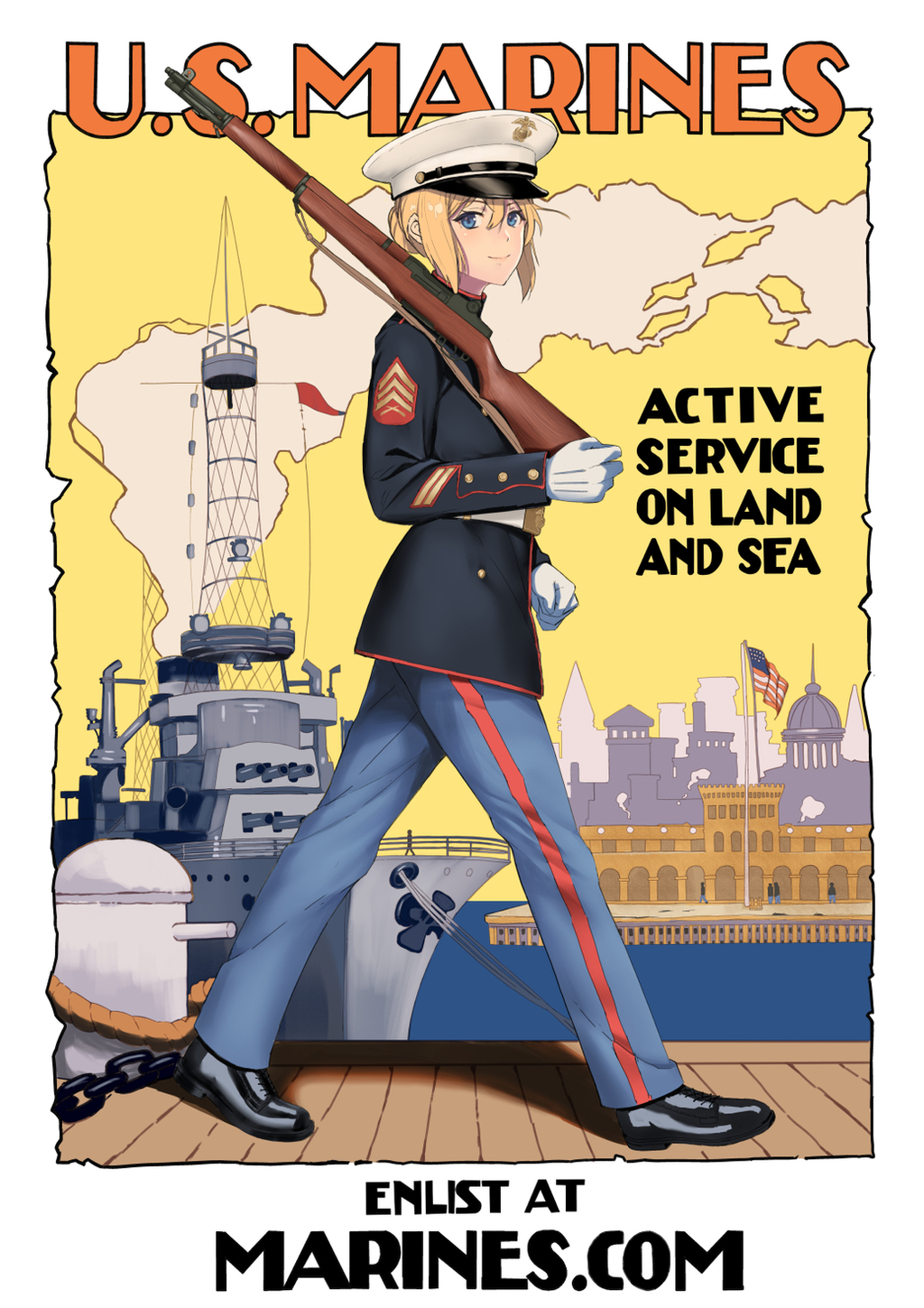 1girl alternate_costume battleship black_footwear blonde_hair blue_eyes blue_pants commission dock dress_uniform eromoeba gun hat highres holding holding_weapon military military_hat military_vehicle pants red_stripes rifle ship solo united_states_marine_corps violet_evergarden violet_evergarden_(series) warship water watercraft weapon white_headwear