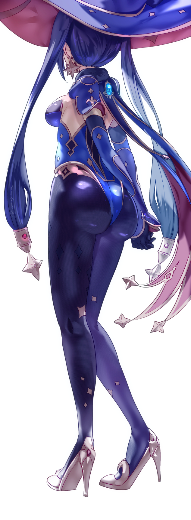 1girl arms_behind_back ass black_gloves black_hair black_legwear blue_capelet blue_headwear blue_leotard breasts capelet earrings elbow_gloves from_behind genshin_impact gloves hair_ornament hat high_heels highres jewelry leotard long_hair mona_(genshin_impact) pantyhose sideboob solo star_(symbol) star_earrings twintails uenoryoma vision_(genshin_impact) white_background witch_hat