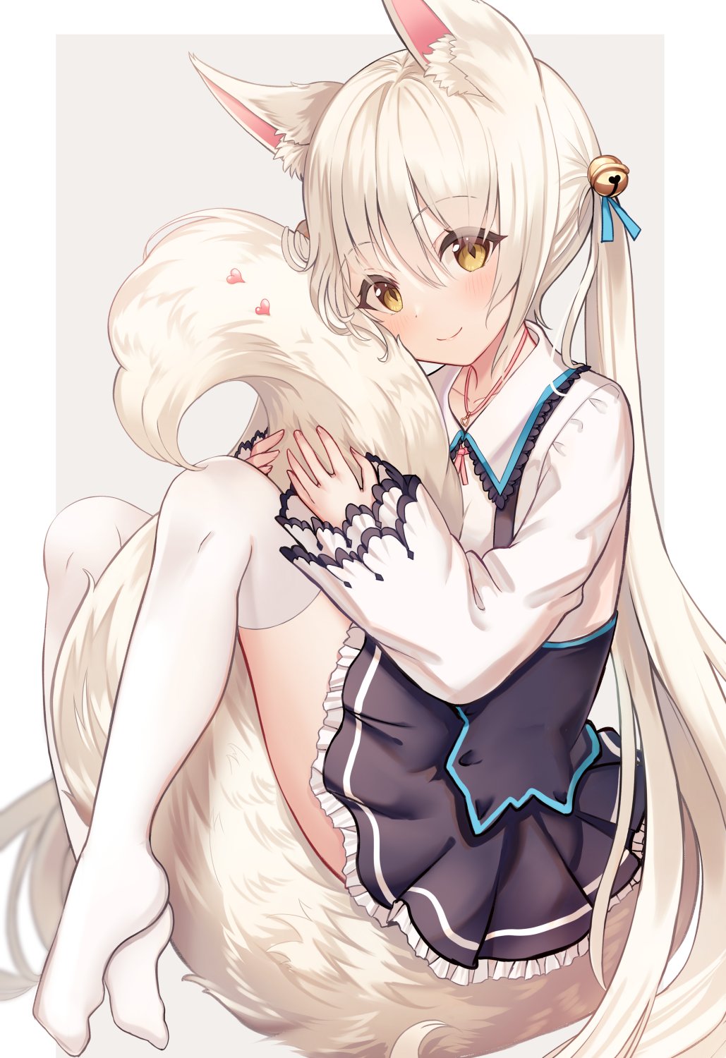 1girl animal_ear_fluff animal_ears bangs bell black_skirt blue_ribbon blush brown_eyes closed_mouth collared_shirt commentary_request eyebrows_visible_through_hair fox_ears fox_girl fox_tail full_body grey_background hair_bell hair_between_eyes hair_ornament hair_ribbon heart highres jingle_bell knees_up layered_sleeves long_hair long_sleeves looking_at_viewer no_shoes original pleated_skirt ribbon sakura_ani shirt skirt sleeves_past_wrists smile solo tail tail_hug thigh-highs twintails two-tone_background very_long_hair white_background white_hair white_legwear white_shirt