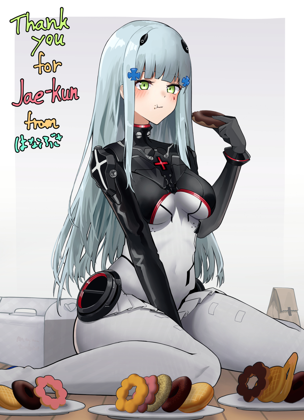 1girl bangs black_gloves blue_hair blush bodysuit breasts closed_mouth commission doughnut eating eyebrows_visible_through_hair food girls_frontline gloves green_eyes hair_ornament hairclip hanabusaraleigh highres hk416_(girls'_frontline) hk416_(midnight_evangelion)_(girls'_frontline) holding holding_food long_hair looking_at_viewer medium_breasts multicolored_bodysuit multicolored_clothes on_floor simple_background skeb_commission solo teardrop_facial_mark teardrop_tattoo