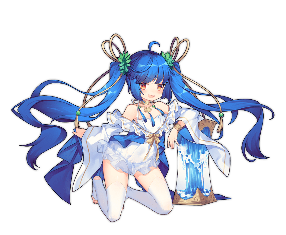 1girl :d ahoge ao_jun ark_order bangs blue_hair bow bowtie bracelet dress frilled_jacket frills gonggong_(ark_order) hair_ornament hair_ribbon jacket jewelry kneeling leaf_hair_ornament long_sleeves necklace official_art open_mouth red_eyes ribbon smile solo spaghetti_strap stirrup_legwear tachi-e tassel thigh-highs toeless_legwear transparent_background twintails v-shaped_eyebrows water white_dress white_legwear wide_sleeves yellow_bow