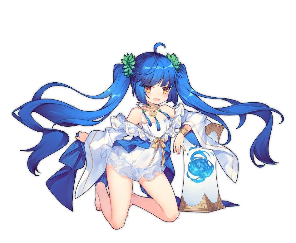 1girl :d ahoge ao_jun ark_order bangs blue_hair bow bowtie bracelet dress frilled_jacket frills gonggong_(ark_order) hair_ornament hair_ribbon jacket jewelry kneeling leaf_hair_ornament long_sleeves necklace official_art open_mouth red_eyes ribbon smile solo spaghetti_strap stirrup_legwear tachi-e tassel toeless_legwear transparent_background twintails v-shaped_eyebrows water white_dress wide_sleeves yellow_bow