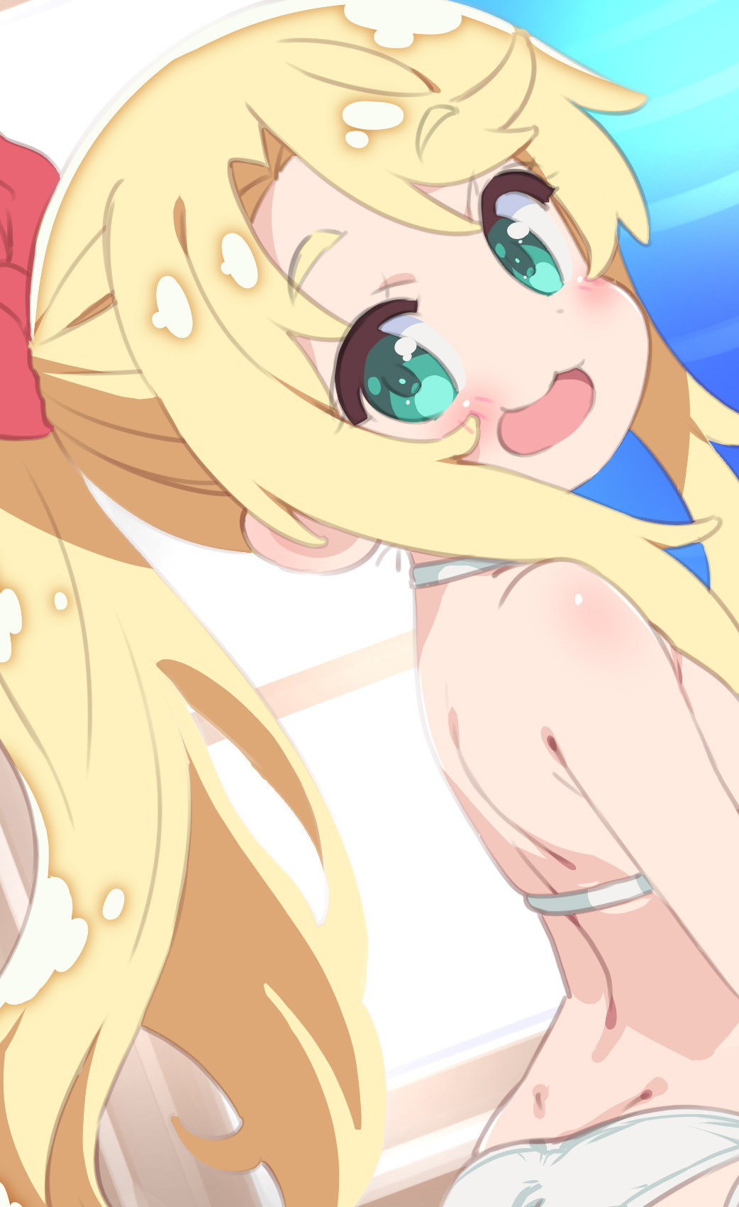 1girl :3 :d aqua_eyes back bangs bare_shoulders bikini blonde_hair blush bow character_request commentary_request copyright_request eyebrows_visible_through_hair from_behind from_side hair_bow high_ponytail highres long_hair looking_at_viewer open_mouth ponytail red_bow saeki_tatsuya shiny shiny_hair sidelocks smile solo swimsuit thick_eyebrows very_long_hair white_bikini