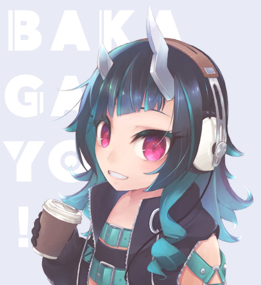 1girl bangs belt beltbra black_gloves black_hair black_jacket blue_belt blue_hair blush chest_belt clothing_cutout coffee_cup commentary_request cup demon_girl demon_horns disposable_cup flat_chest gloves grey_background grin headphones highres holding holding_cup horns jacket long_hair looking_at_viewer multicolored_hair open_clothes open_jacket red_eyes romaji_text shishio_chris shoulder_cutout smile solo sugar_lyric two-tone_hair upper_body virtual_youtuber vita_mineral zipper