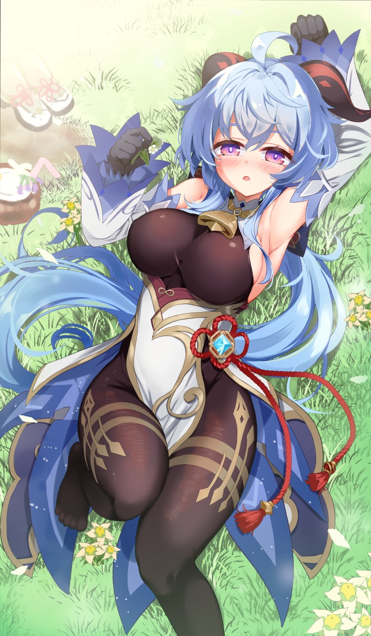 1girl ahoge arm_up armpits bangs bare_shoulders bell black_gloves black_legwear blue_hair blush breasts chestnut_mouth chinese_knot coconut detached_sleeves drinking_straw flower_knot fruit_cup ganyu_(genshin_impact) genshin_impact gloves gold_trim highres horns large_breasts long_hair looking_at_viewer low_ponytail lying mikage_(shibi) neck_bell no_shoes on_back open_mouth pelvic_curtain red_rope rope shoes shoes_removed sideboob sidelocks solo tassel thighlet thighs violet_eyes vision_(genshin_impact) waist_cape white_sleeves