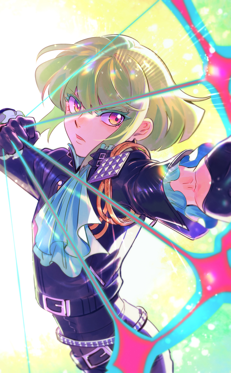 1boy 302 arrow_(projectile) ascot black_jacket bow_(weapon) drawing_bow fire green_hair highres holding holding_bow_(weapon) holding_weapon jacket lio_fotia male_focus promare pyrokinesis solo violet_eyes weapon