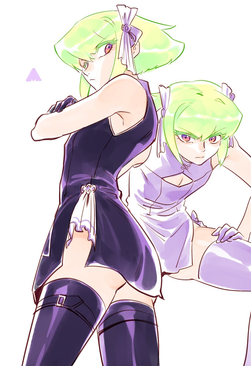 2boys 302 bow cleavage_cutout clothing_cutout crossed_arms gloves green_hair hair_bow highres lio_fotia male_focus multiple_boys multiple_views otoko_no_ko promare side_slit thigh-highs violet_eyes