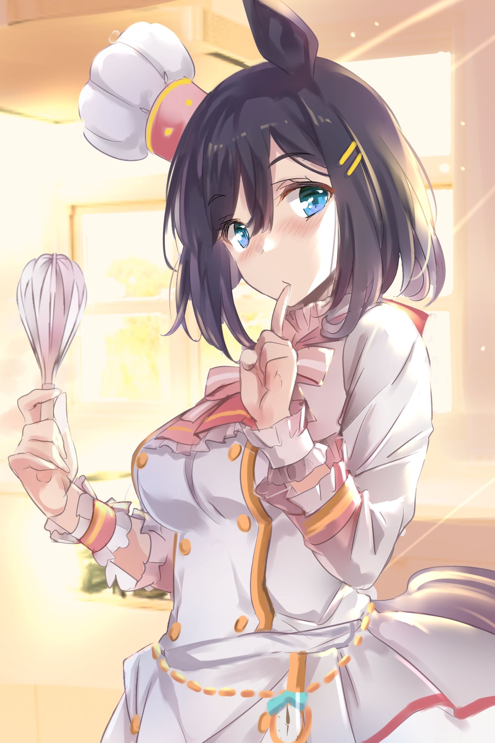 1girl animal_ears bangs belly_chain black_hair blue_eyes bob_cut bow bowtie chef_hat commentary crown_patisserie_(umamusume) day dress eishin_flash_(umamusume) eyebrows_visible_through_hair finger_to_mouth frilled_cuffs frilled_sleeves frills hair_ornament hairclip hat highres holding horse_ears horse_girl indoors jewelry long_sleeves looking_at_viewer mini_hat official_alternate_costume pink_bow pink_bowtie short_hair solo standing sunlight tilted_headwear umamusume uu-tan_(hushigi10) whisk white_dress white_headwear