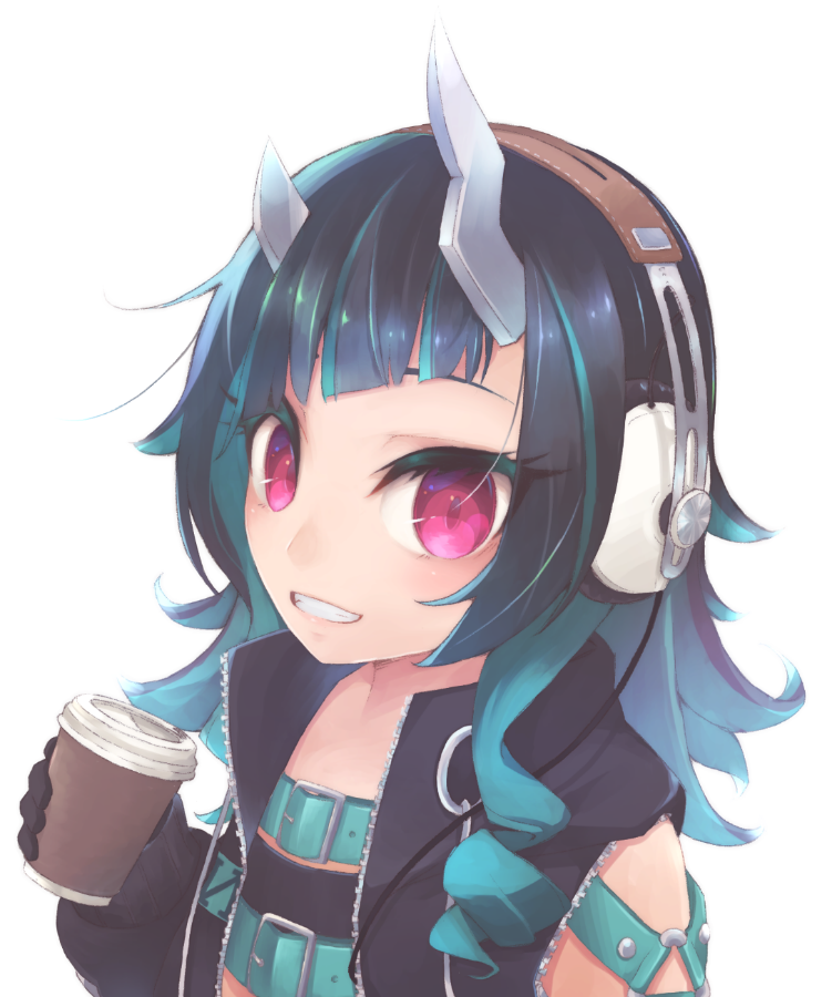 1girl bangs belt beltbra black_gloves black_hair black_jacket blue_belt blue_hair blush chest_belt clothing_cutout coffee_cup commentary_request cup demon_girl demon_horns disposable_cup flat_chest gloves grin headphones holding holding_cup horns jacket long_hair looking_at_viewer multicolored_hair open_clothes open_jacket red_eyes shishio_chris shoulder_cutout simple_background smile solo sugar_lyric transparent_background two-tone_hair upper_body virtual_youtuber vita_mineral zipper