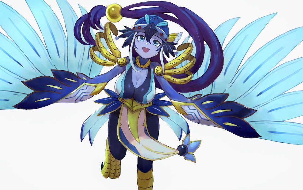 1girl aqua_eyes bare_shoulders bird_girl blue_skin breasts colored_skin cowboy_shot duel_monster feather_hair feathered_wings feathers hat ishii_13kaidann lyrilusc_-_ensemblue_robin medium_breasts midriff navel purple_skin simple_background solo white_background winged_arms wings yu-gi-oh! yu-gi-oh!_arc-v yuu-gi-ou yuu-gi-ou_arc-v