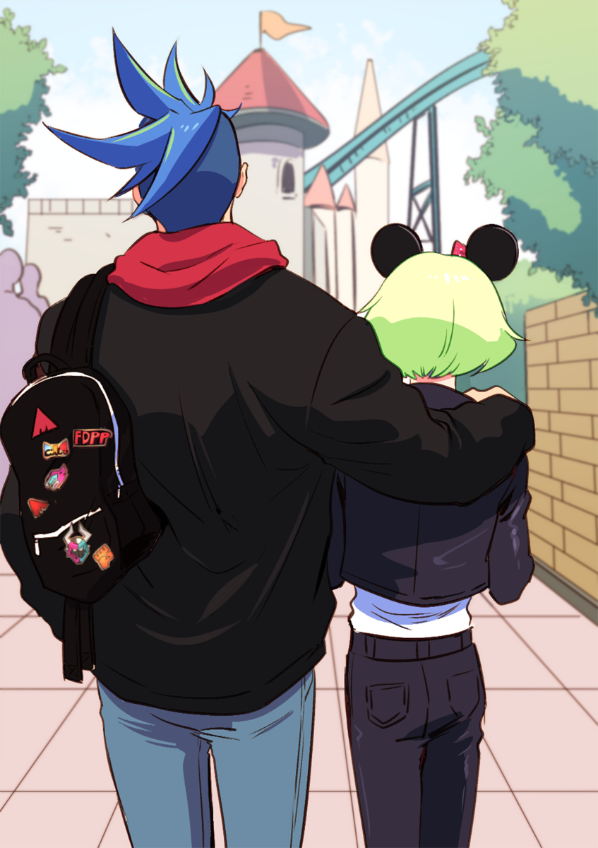 2boys 302 amusement_park arm_around_shoulder backpack bag black_jacket blue_hair casual denim from_behind galo_thymos green_hair highres hood hoodie jacket jeans leather leather_jacket lio_fotia male_focus minnie_mouse_ears multiple_boys pants promare undercut
