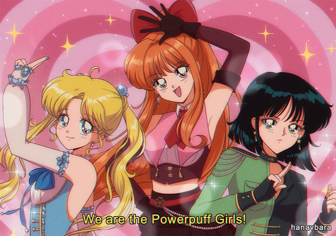 1990s_(style) 3girls arm_up artist_name black_gloves black_hair blonde_hair blossom_(ppg) blue_nails blush bow brown_hair bubbles_(ppg) buttercup_(ppg) closed_mouth elbow_gloves eyebrows_visible_through_hair fingerless_gloves gloves green_eyes hair_bobbles hair_bow hair_ornament hanavbara long_hair looking_at_viewer multiple_girls open_mouth powerpuff_girls red_bow red_eyes retro_artstyle short_hair smile subtitled twintails